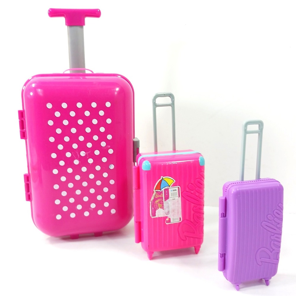 Barbie Doll Suitcase Lot Pink Polka Dot Purple Rolling Travel Accessories 3pc